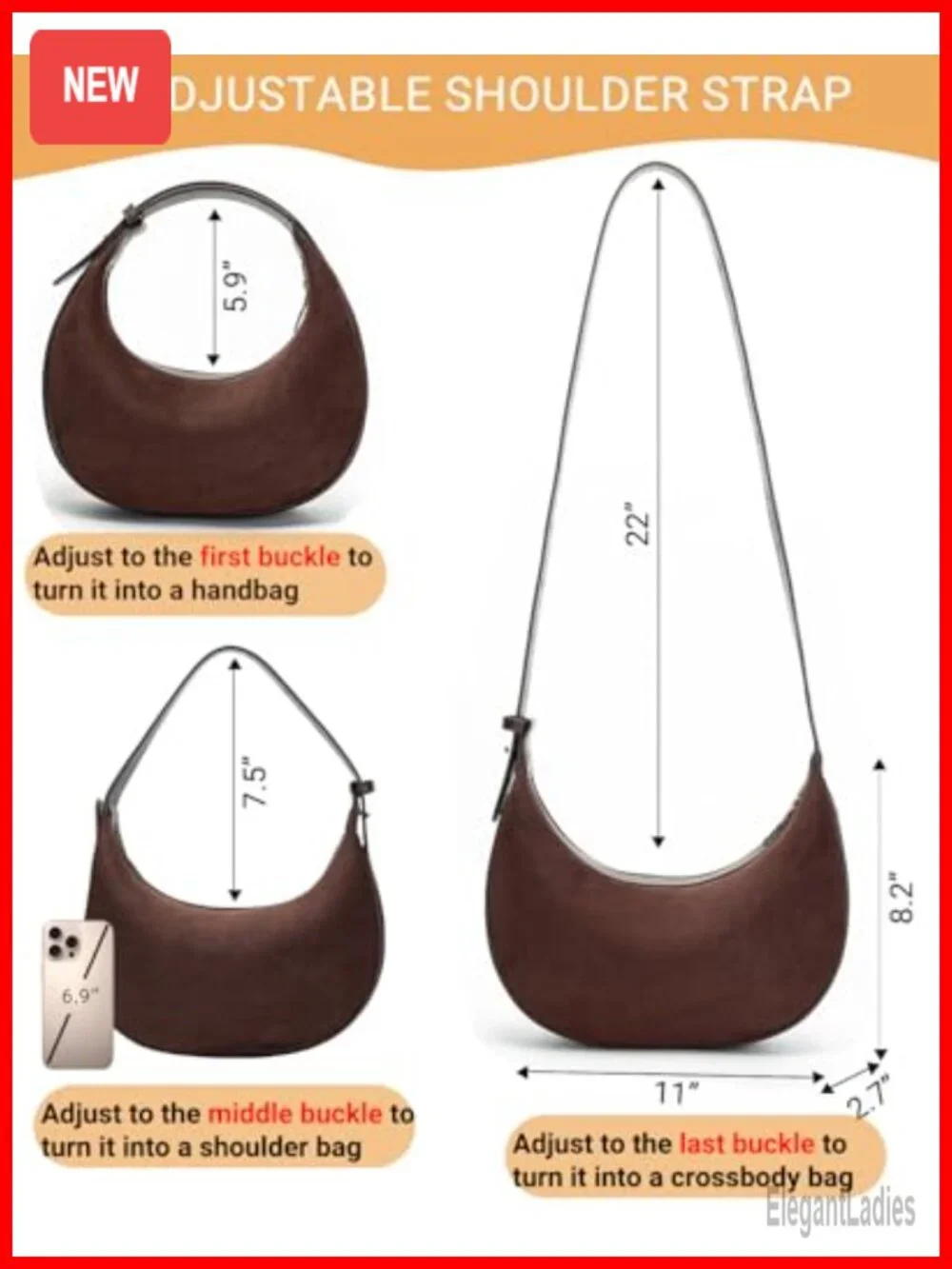 Vintage Suede Crossbody Hobo Bag with Adjustable Strap